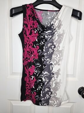 NWOT Cleo Cowl Neck Print Sleeveless Top Ruched Fuschia Black Gray White XS